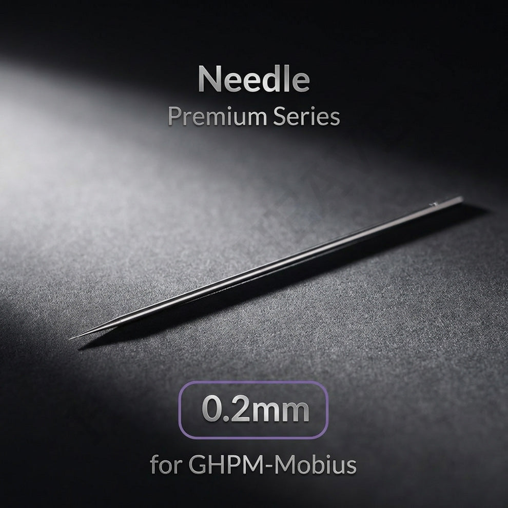 Gaahleri 0.2mm polished stainless steel needle for Premium Mobius on dark background showing taper detail - Hobby Heaven