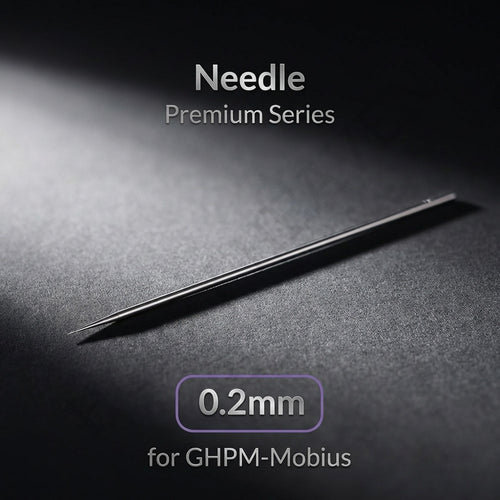 Gaahleri 0.2mm polished stainless steel needle for Premium Mobius on dark background showing taper detail - Hobby Heaven