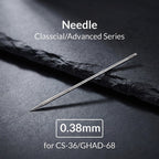 Gaahleri 0.38mm polished stainless steel needle for GHAD-68 and CS-36 close-up on slate background - Hobby Heaven