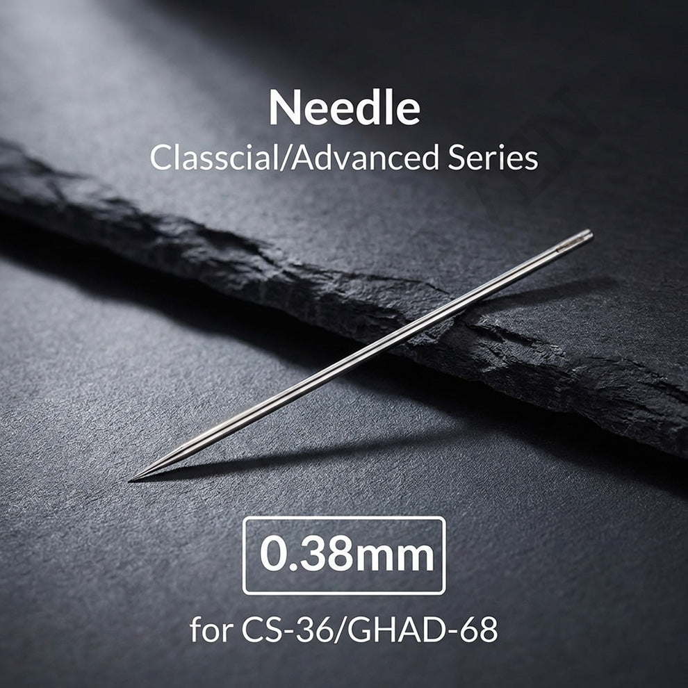 Gaahleri 0.38mm polished stainless steel needle for GHAD-68 and CS-36 close-up on slate background - Hobby Heaven
