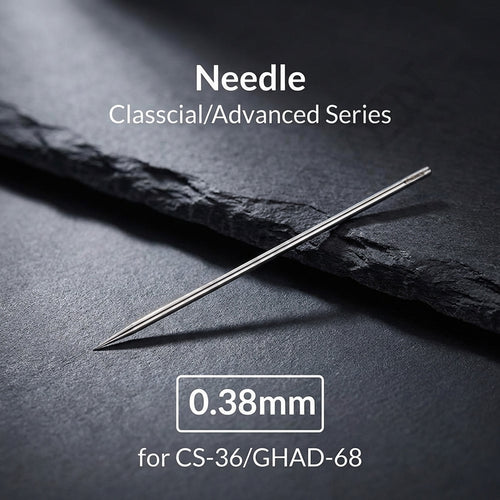 Gaahleri 0.38mm polished stainless steel needle for GHAD-68 and CS-36 close-up on slate background - Hobby Heaven