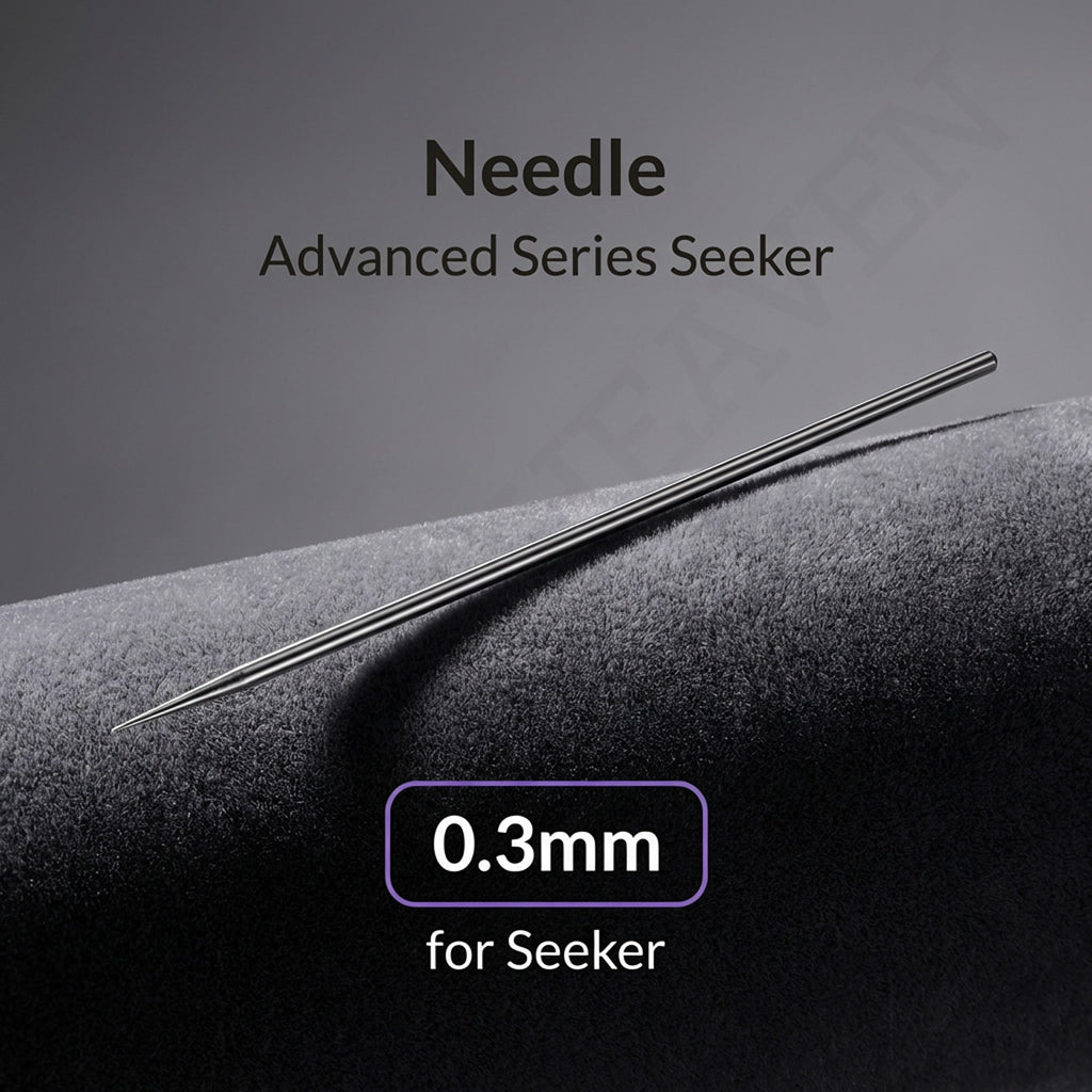 Gaahleri 0.3mm airbrush needle for Premium Series Mobius full length on dark textured surface with studio lighting