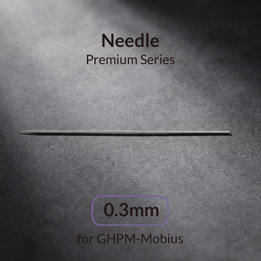 Gaahleri 0.3mm airbrush needle for Premium Series Mobius full length on dark textured surface with studio lighting