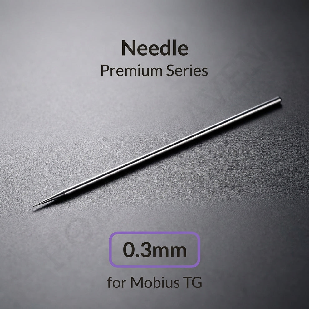 Gaahleri 0.3mm polished stainless steel airbrush needle for Mobius TG close-up on dark background