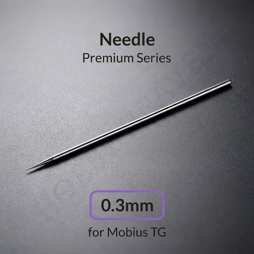 Gaahleri 0.3mm polished stainless steel airbrush needle for Mobius TG close-up on dark background