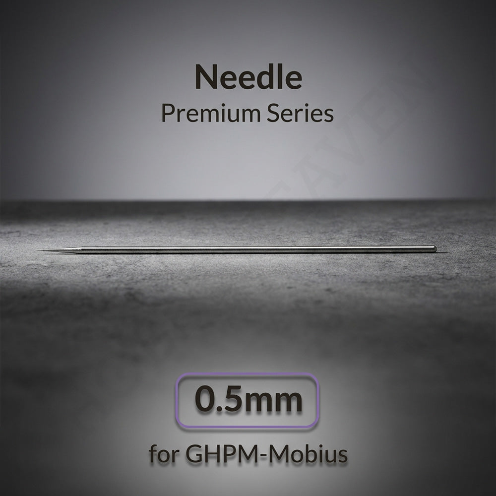 Gaahleri 0.5mm airbrush needle for Premium Series Mobius lying on textured surface with studio lighting