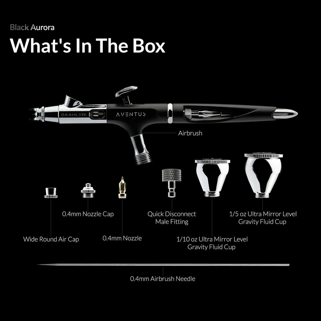 Gaahleri Aventus Black Aurora airbrush box contents with nozzle, air cap, cups, needle and fittings