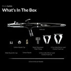 Gaahleri Aventus Black Aurora airbrush box contents with nozzle, air cap, cups, needle and fittings