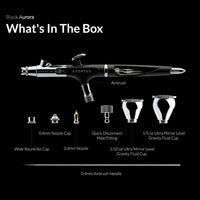 Gaahleri Aventus Black Aurora airbrush box contents with nozzle, air cap, cups, needle and fittings
