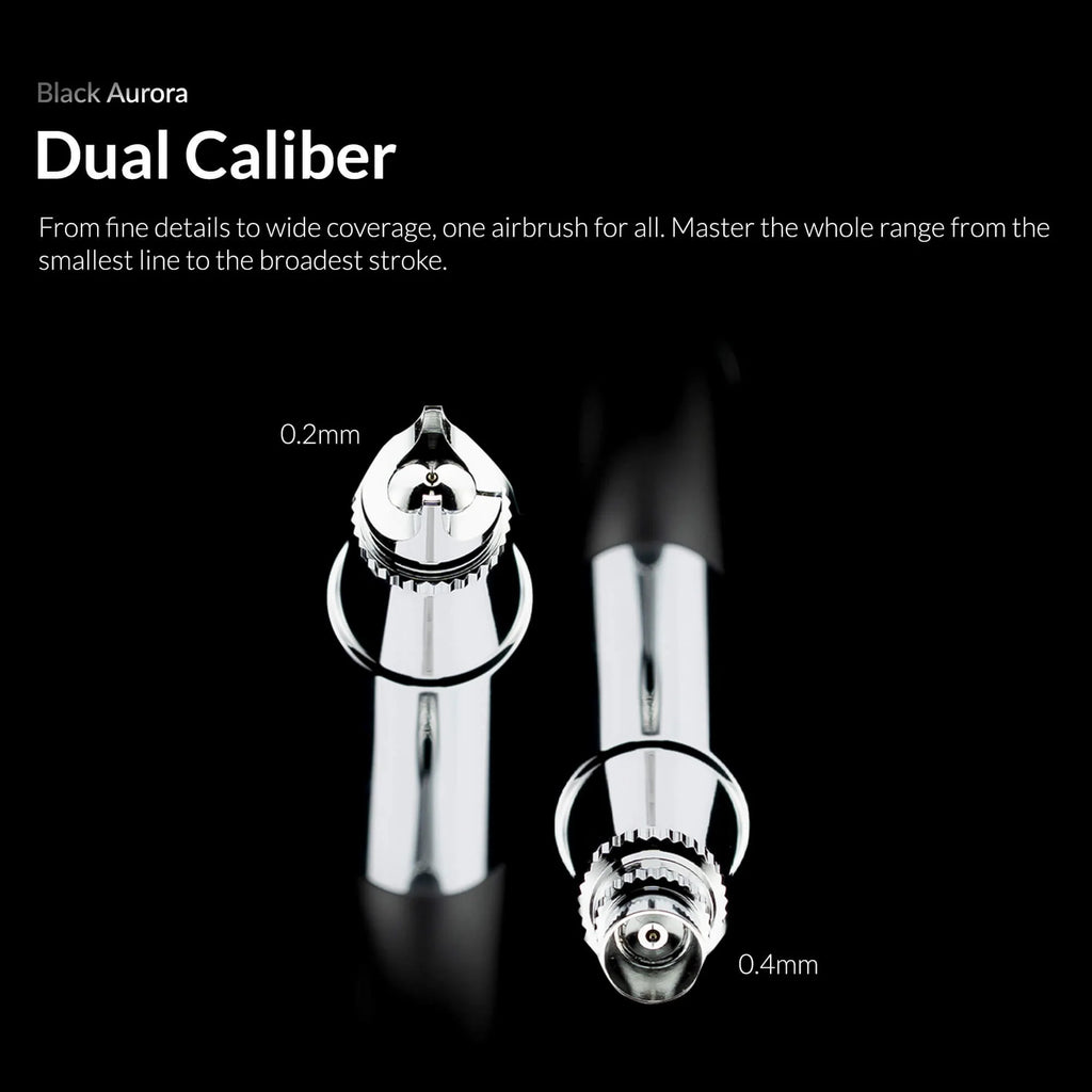 Gaahleri Aventus Black Aurora dual calibre airbrush showing 0.2mm and 0.4mm nozzle options