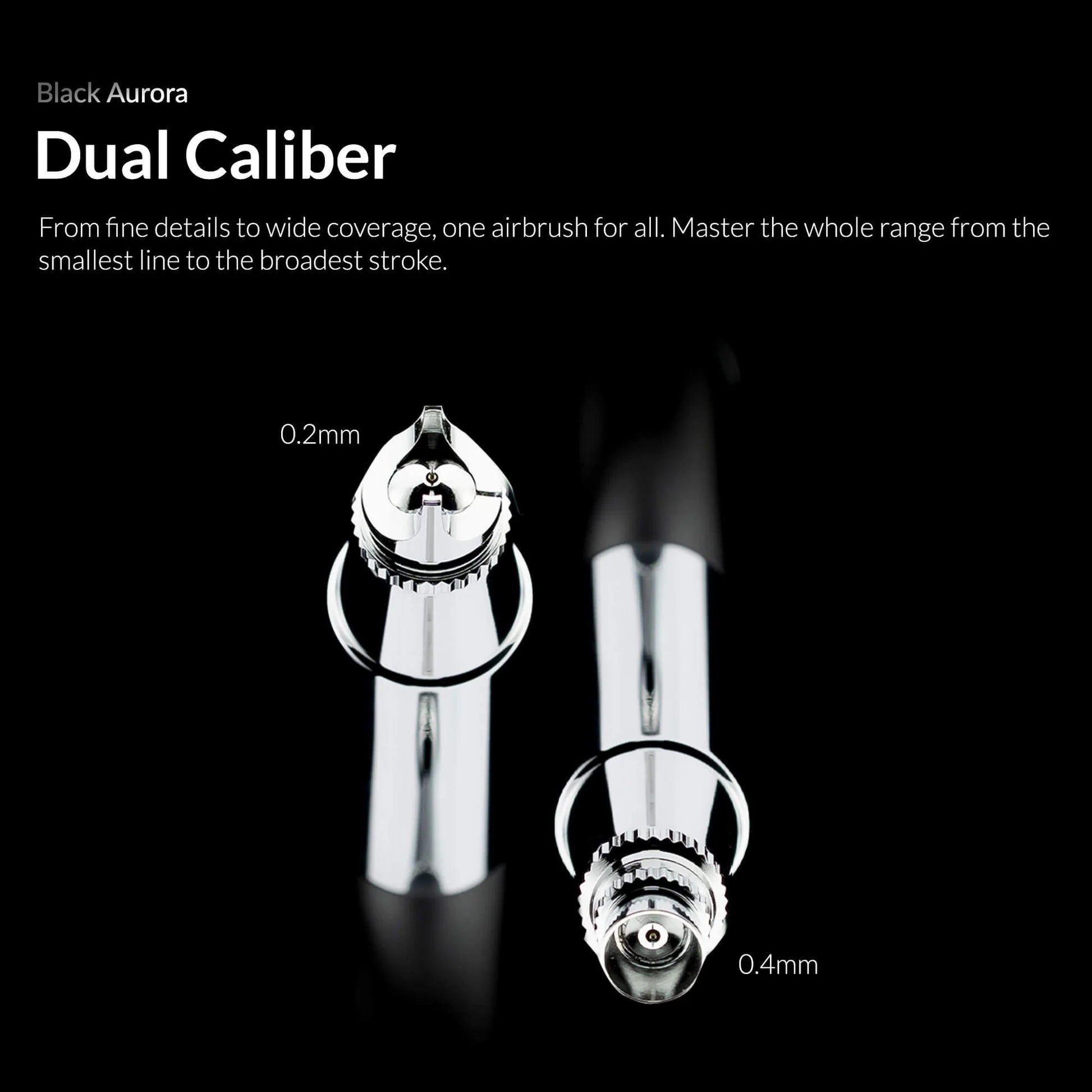 Gaahleri Aventus Black Aurora dual calibre airbrush showing 0.2mm and 0.4mm nozzle options