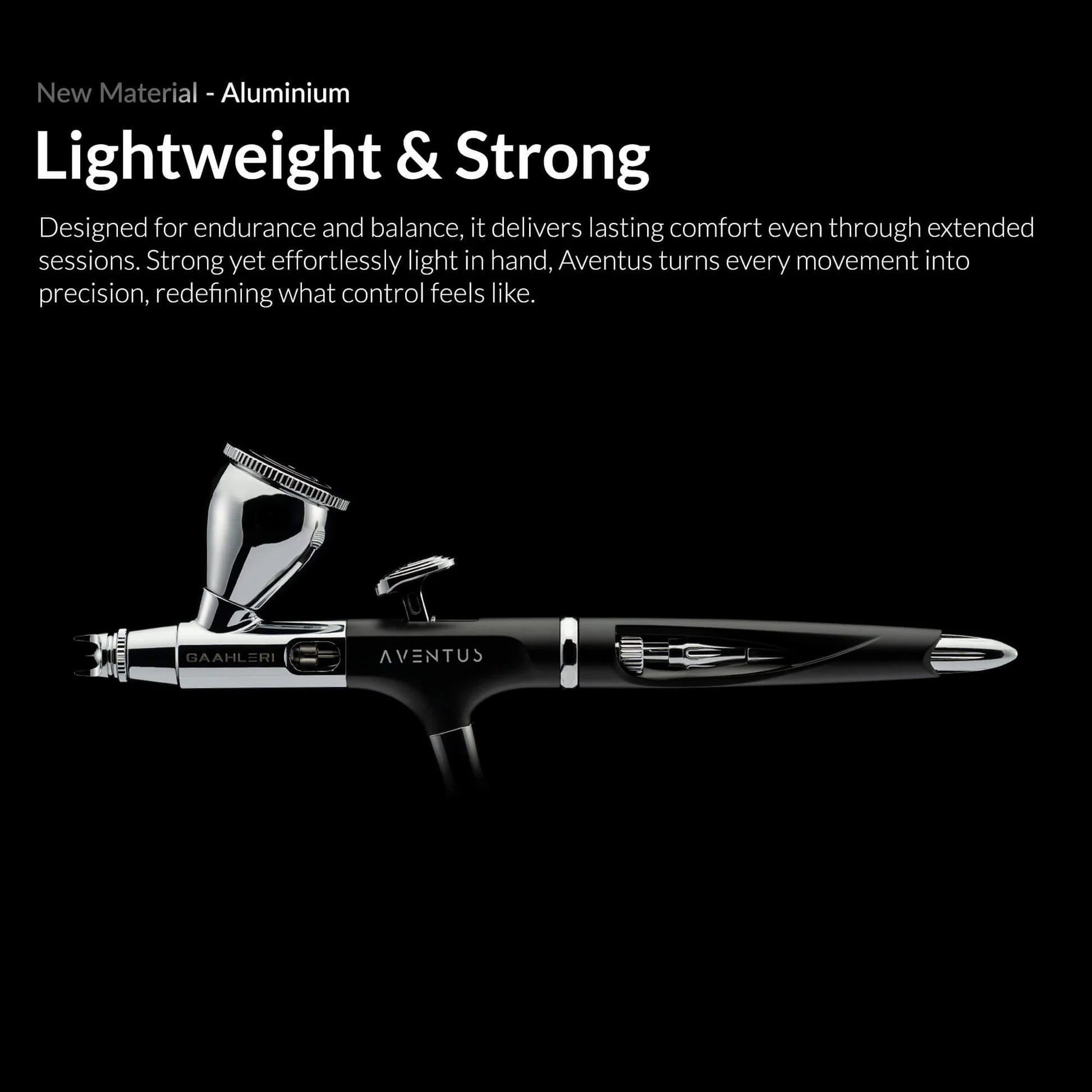 Full side view of the lightweight Gaahleri Aventus Black Aurora aluminium airbrush