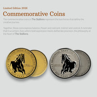 Gaahleri Aventus The Stallions 2026 commemorative gold and silver horse coins for Fireblood Akhal and Shadowfax
