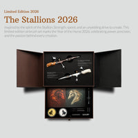 Open Gaahleri Aventus The Stallions 2026 presentation box with two limited edition airbrushes and accessories
