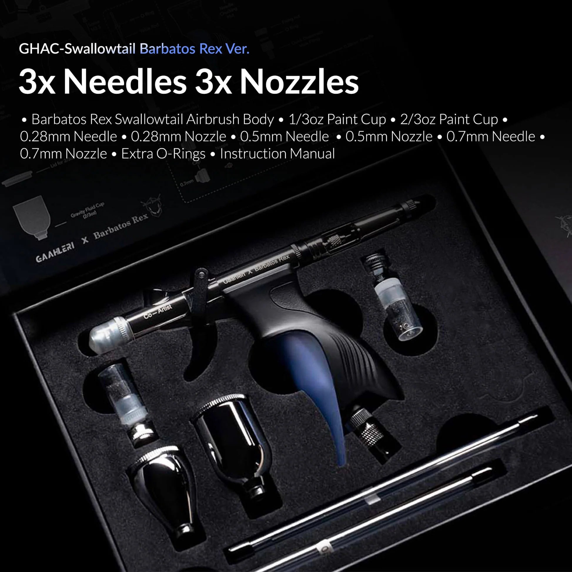 Gaahleri Barbatos Rex airbrush kit with needles nozzles and paint cups