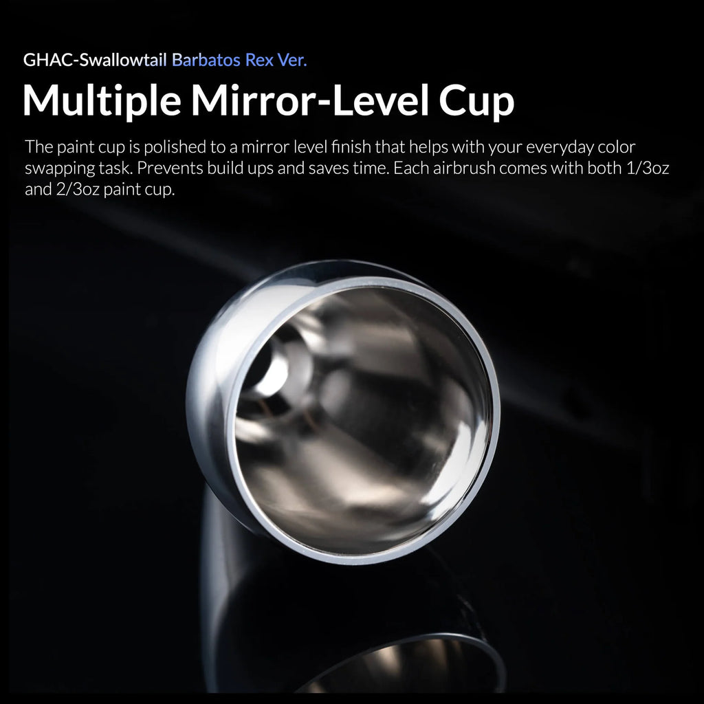 Mirror polished paint cup for easy cleaning on Gaahleri airbrush