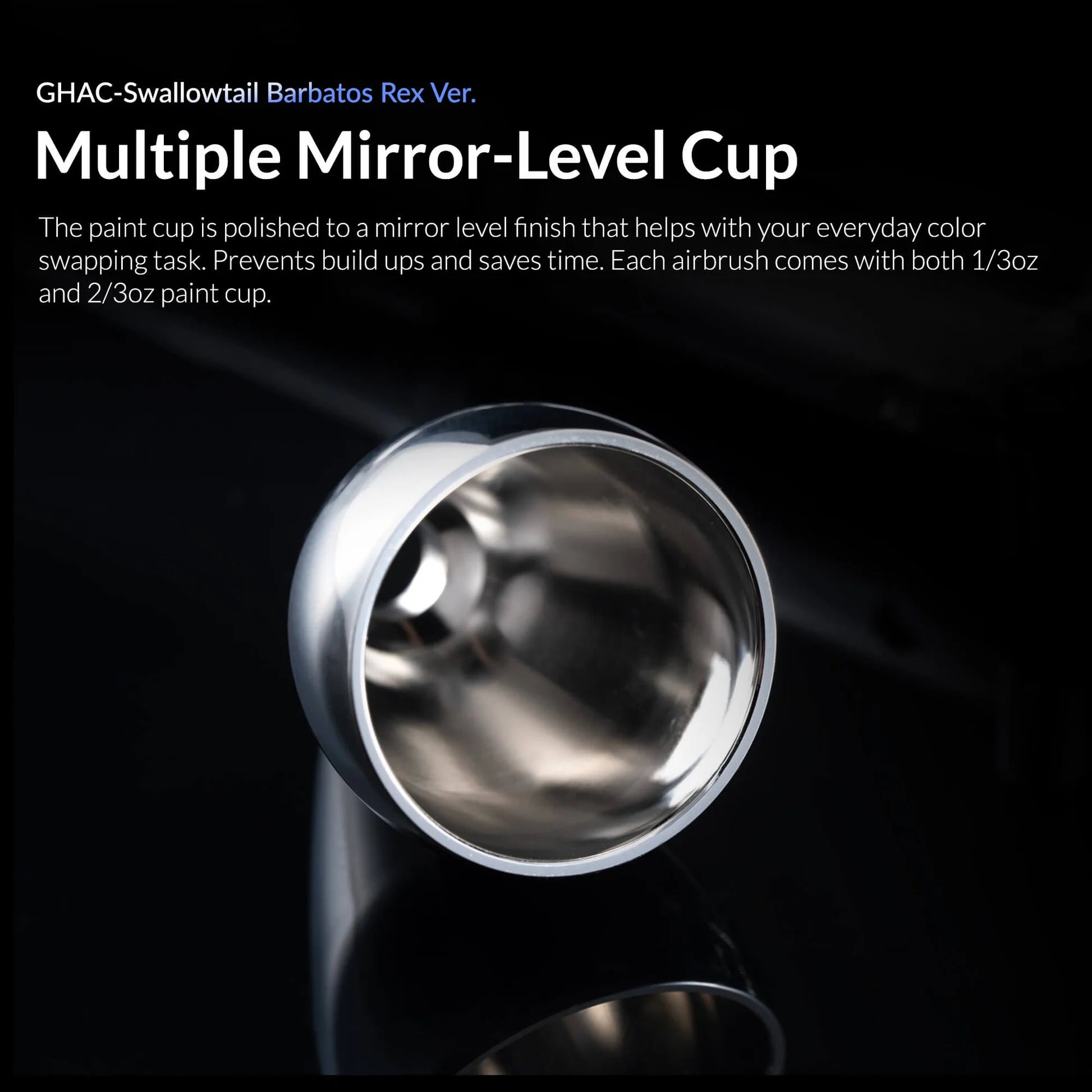 Mirror polished paint cup for easy cleaning on Gaahleri airbrush
