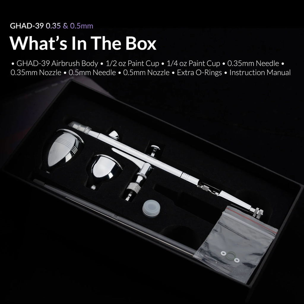 Gaahleri GHAD-39 airbrush kit box contents with needles cups and accessories