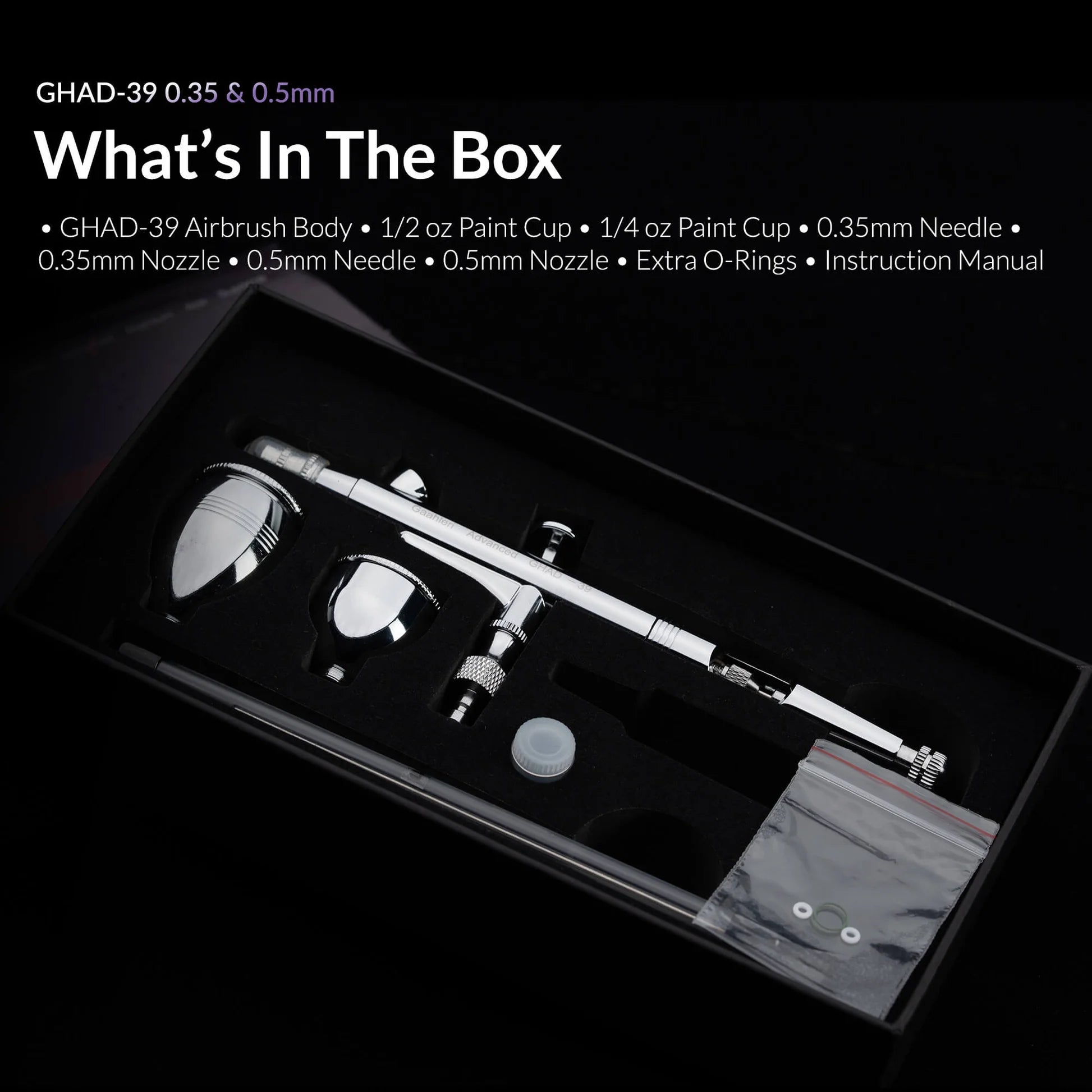 Gaahleri GHAD-39 airbrush kit box contents with needles cups and accessories