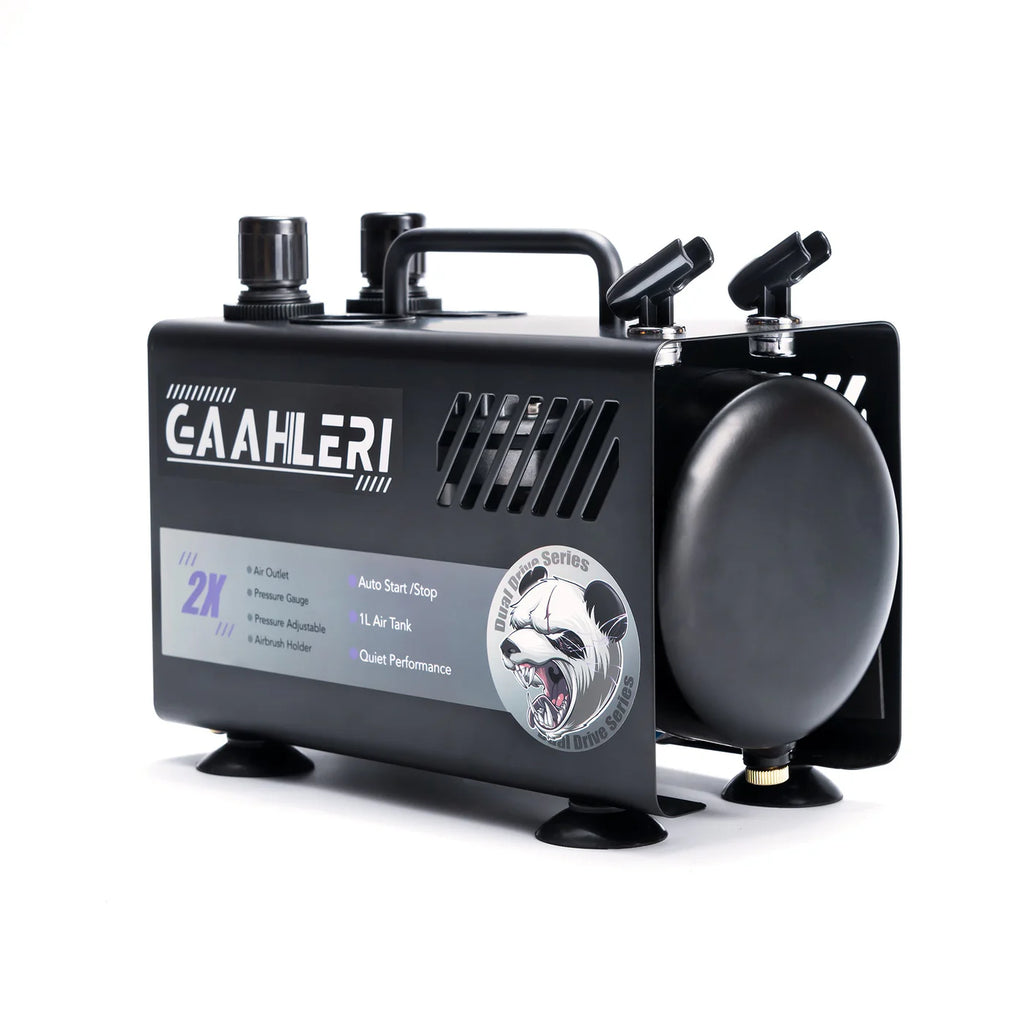 Gaahleri GT-918 Dual Drive airbrush compressor with 1L tank three quarter view showing branding and feature labels