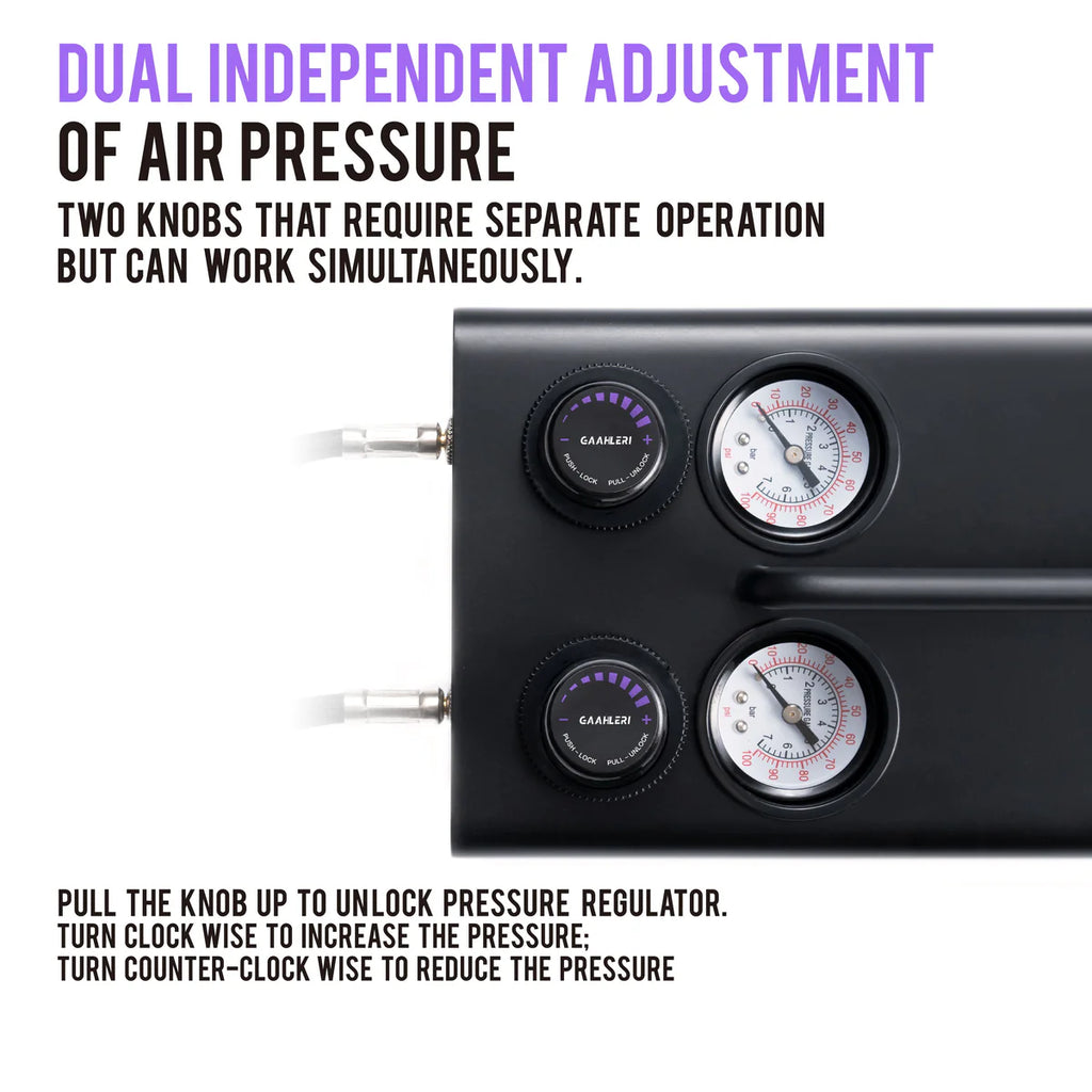 Gaahleri GT-918 dual independent pressure adjustment close-up showing two regulator knobs and two pressure gauges