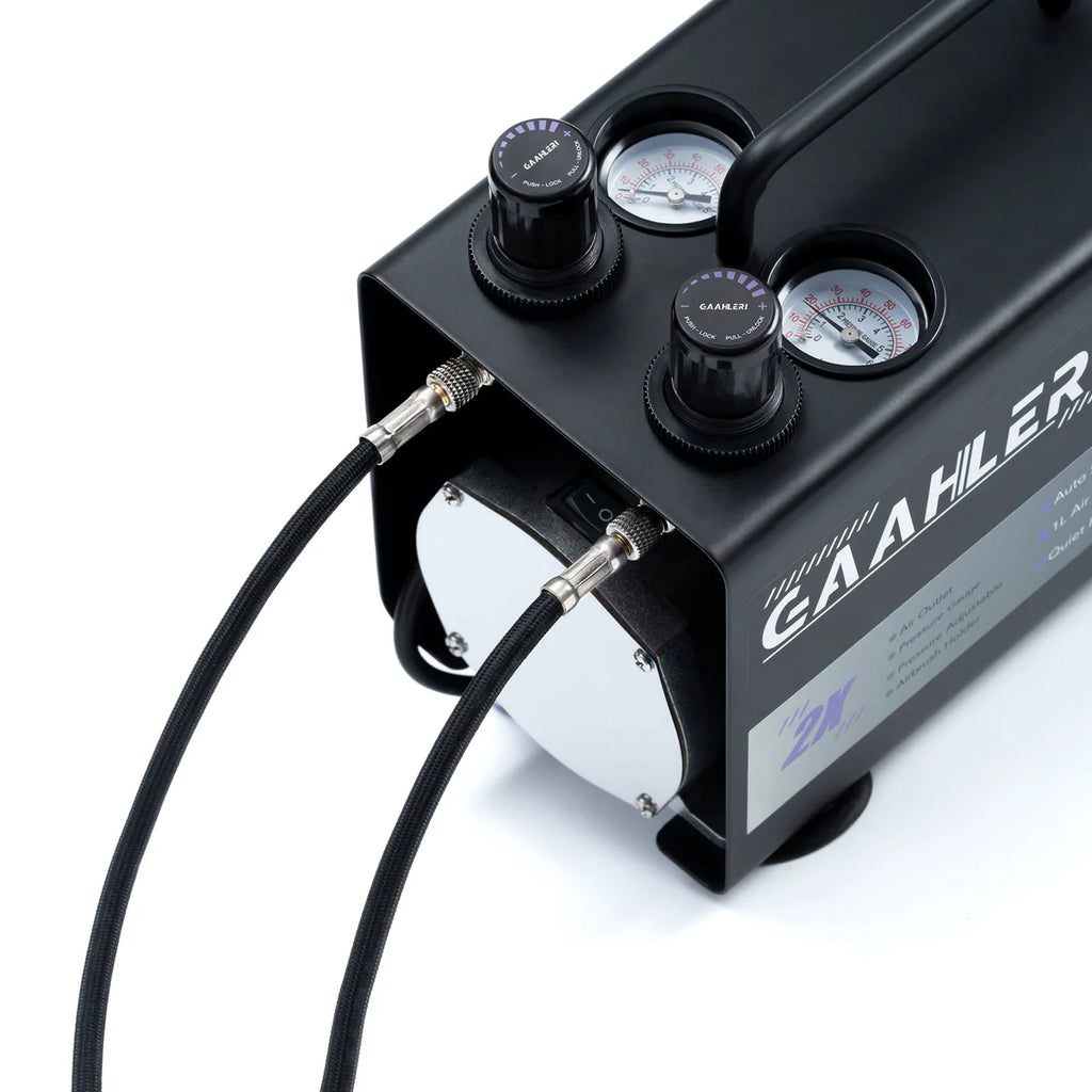 Gaahleri GT-918 top panel close-up showing dual independent pressure regulators gauges and two hoses connected