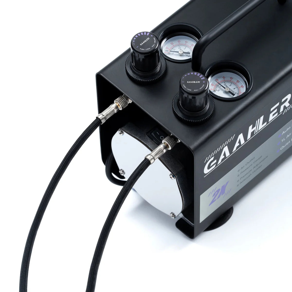 Gaahleri GT-918 top panel close-up showing dual independent pressure regulators gauges and two hoses connected