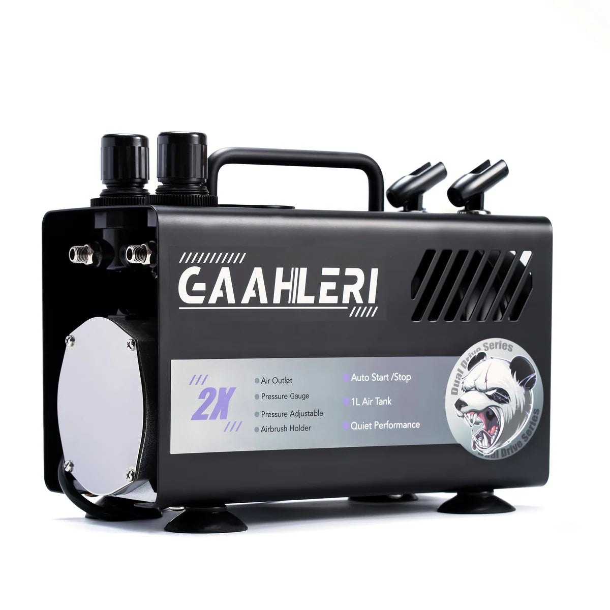 Gaahleri GT-918 Dual Drive compressor front angle view showing 2X dual output panel and Dual Drive Series logo