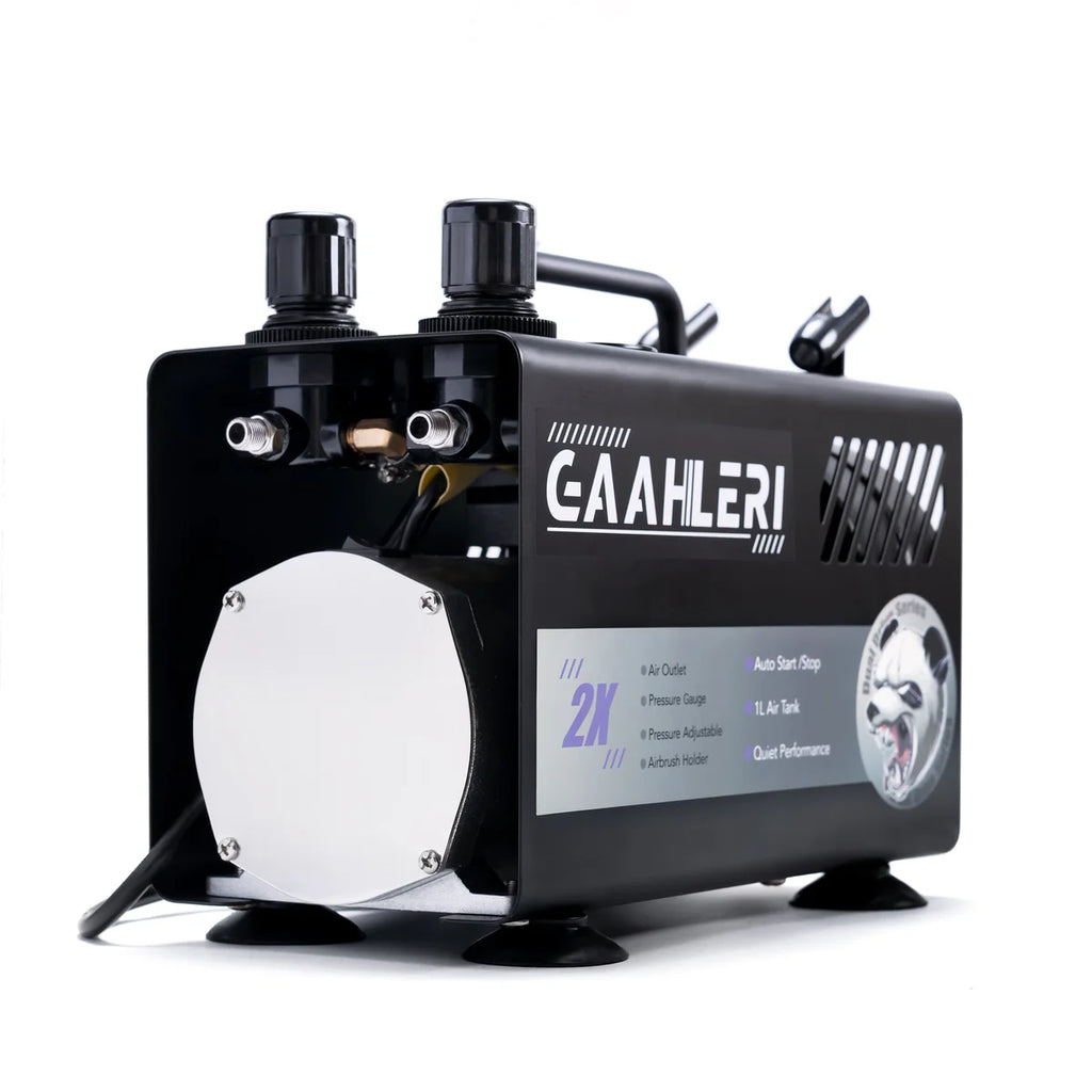 Gaahleri GT-918 compressor rear three quarter view showing motor housing 1L steel tank and connection ports