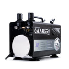 Gaahleri GT-918 compressor rear three quarter view showing motor housing 1L steel tank and connection ports