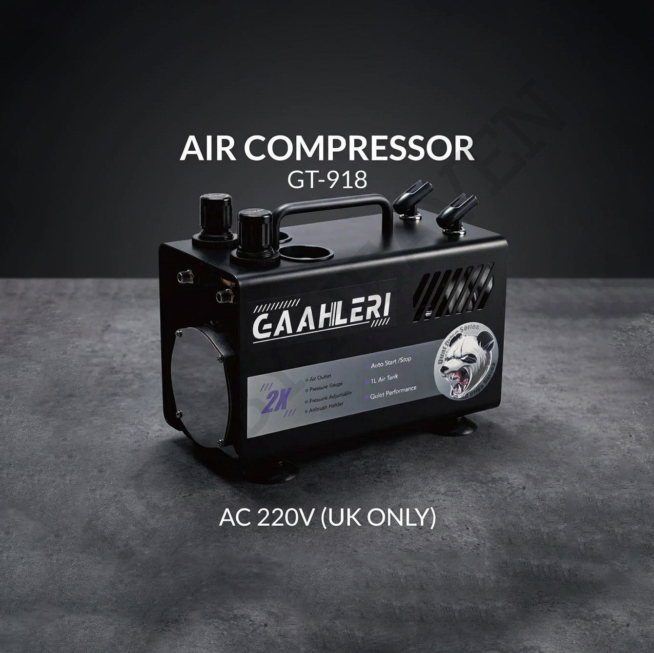 Gaahleri GT-918 Dual Drive compressor UK version studio shot on dark textured surface