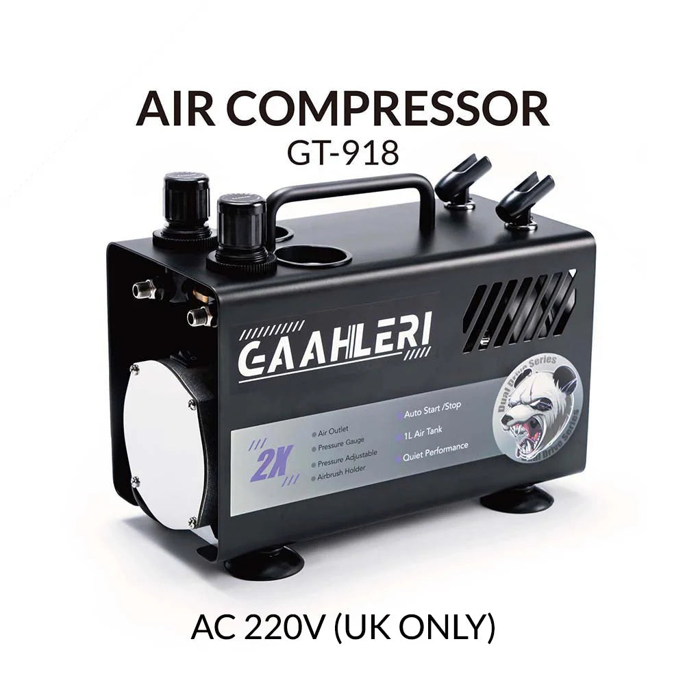 Gaahleri GT-918 airbrush compressor AC 220V UK version front view on white background