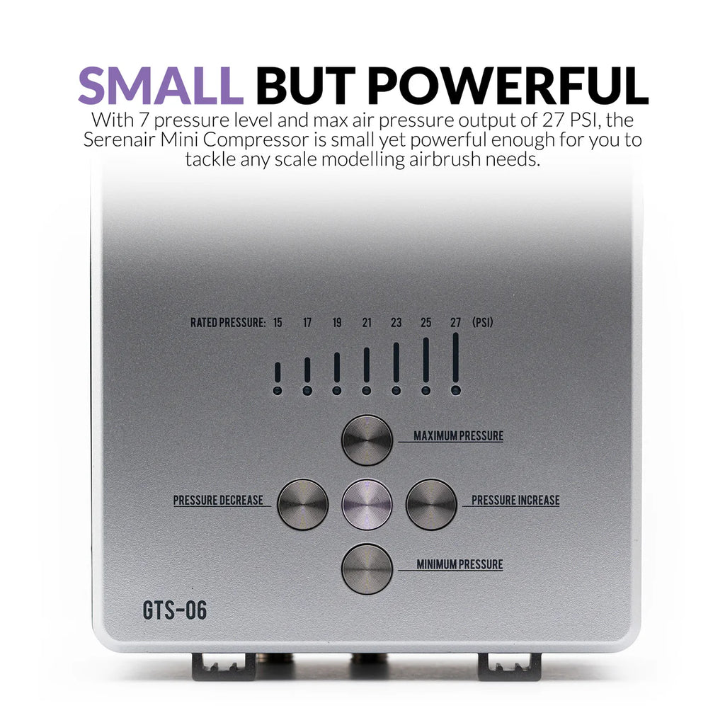 Gaahleri GTS-06 Serenair control panel close-up showing 7 pressure levels from 15 to 27 PSI with button controls