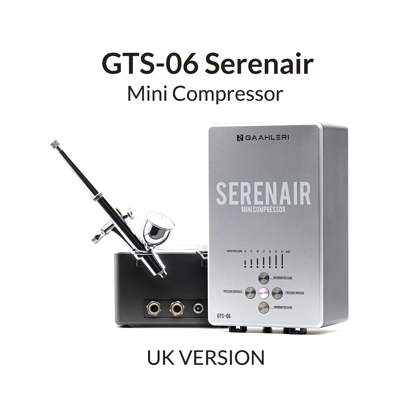 Gaahleri GTS-06 Serenair mini compressor with CS-36 airbrush UK version front view on white background