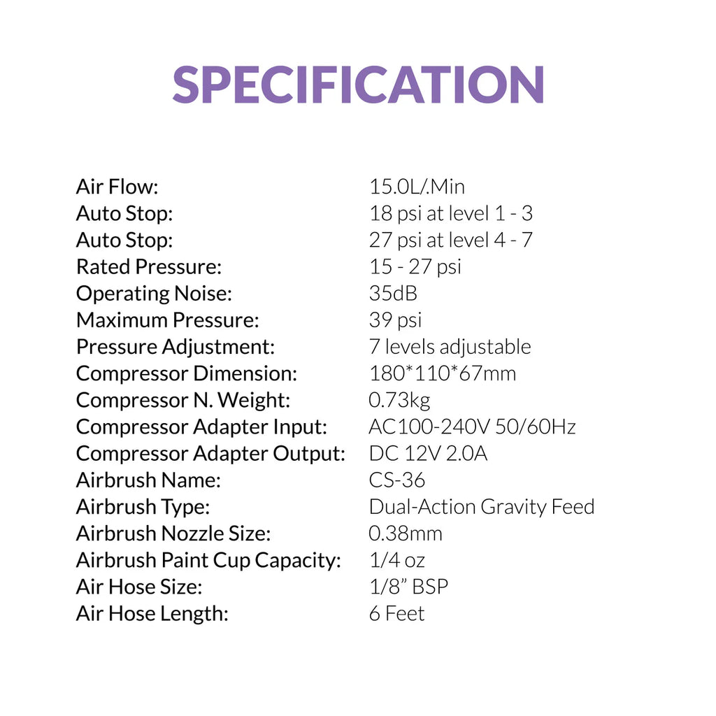 Gaahleri GTS-06 Serenair full specification sheet showing airflow pressure noise dimensions and CS-36 airbrush specs