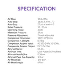 Gaahleri GTS-06 Serenair full specification sheet showing airflow pressure noise dimensions and CS-36 airbrush specs