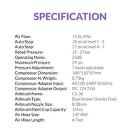 Gaahleri GTS-06 Serenair full specification sheet showing airflow pressure noise dimensions and CS-36 airbrush specs
