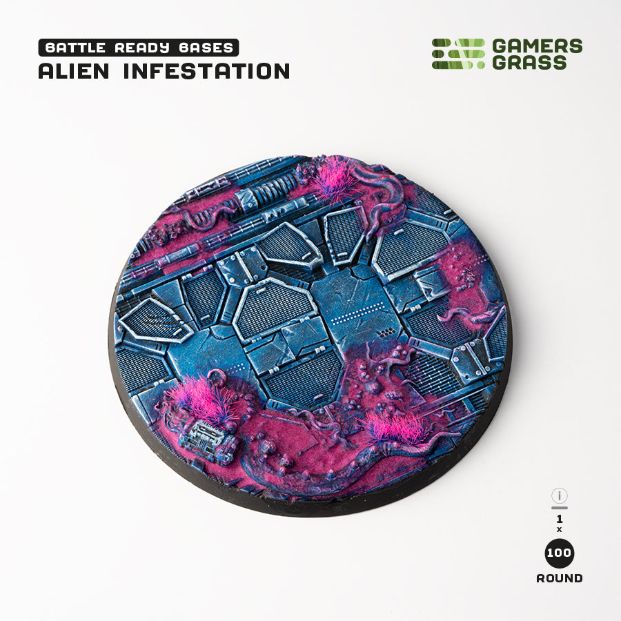 The painted 100mm Alien Infestation base from above: hexagonal deck panels ringed by magenta growth and pink tufts