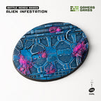 Single pre-painted 120mm oval Alien Infestation base by Gamers Grass showing complete scenic masterpiece
