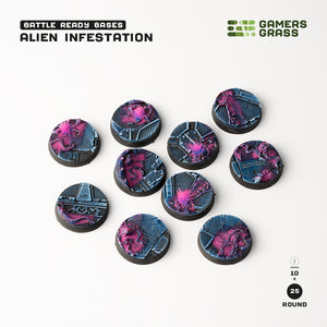 Set of 10 pre-painted 25mm Alien Infestation bases by Gamers Grass showing complete painted set on white background

