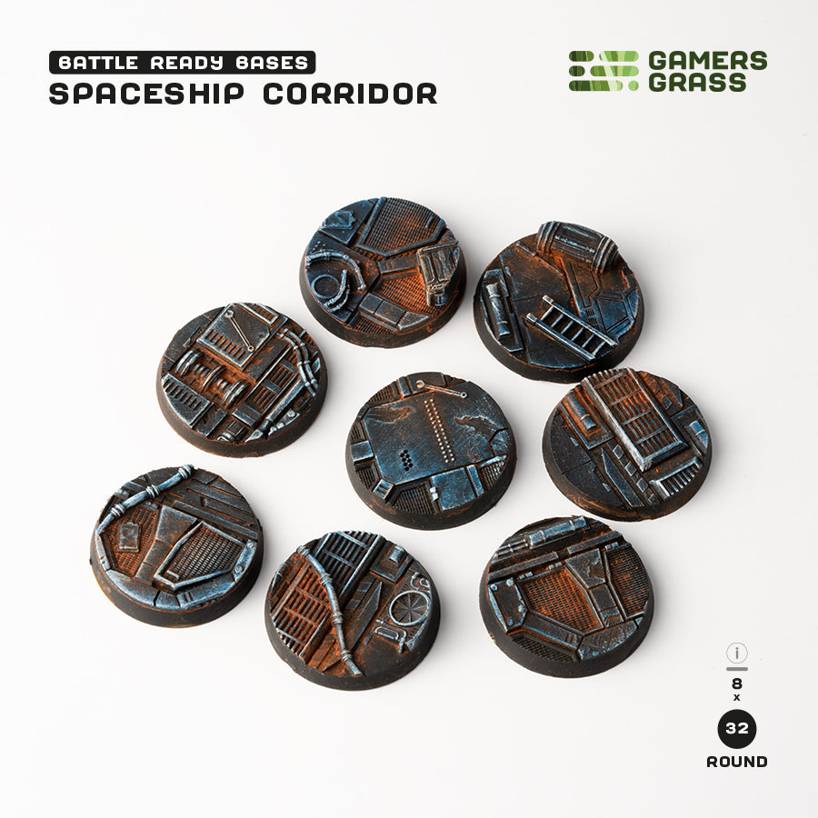Eight painted 32mm Spaceship Corridor bases arranged in rows; each disc carries panels, grating, ladders and machinery