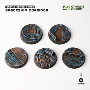 Set of 5 pre-painted 40mm Spaceship Corridor bases showing complete heavy-duty industrial collection
