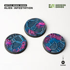 Set of 3 pre-painted 50mm Alien Infestation bases by Gamers Grass showing complete painted set
