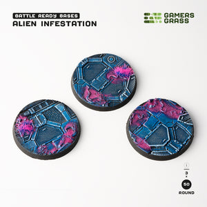 Set of 3 pre-painted 50mm Alien Infestation bases by Gamers Grass showing complete painted set
