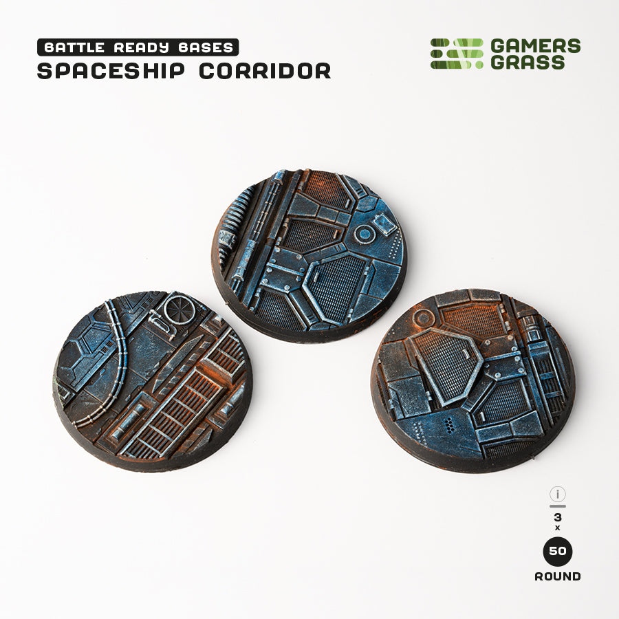 Three painted 50mm Spaceship Corridor bases: broad hexagonal floor panels, grilles, ducting and a circular vent