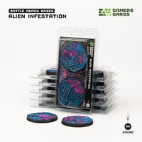 Set of 2 pre-painted 60mm Alien Infestation bases by Gamers Grass showing complete painted set

