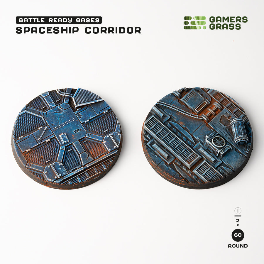 Set of 2 pre-painted 60mm Spaceship Corridor bases featuring extensive industrial deck plating
