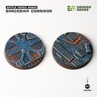 Set of 2 pre-painted 60mm Spaceship Corridor bases featuring extensive industrial deck plating

