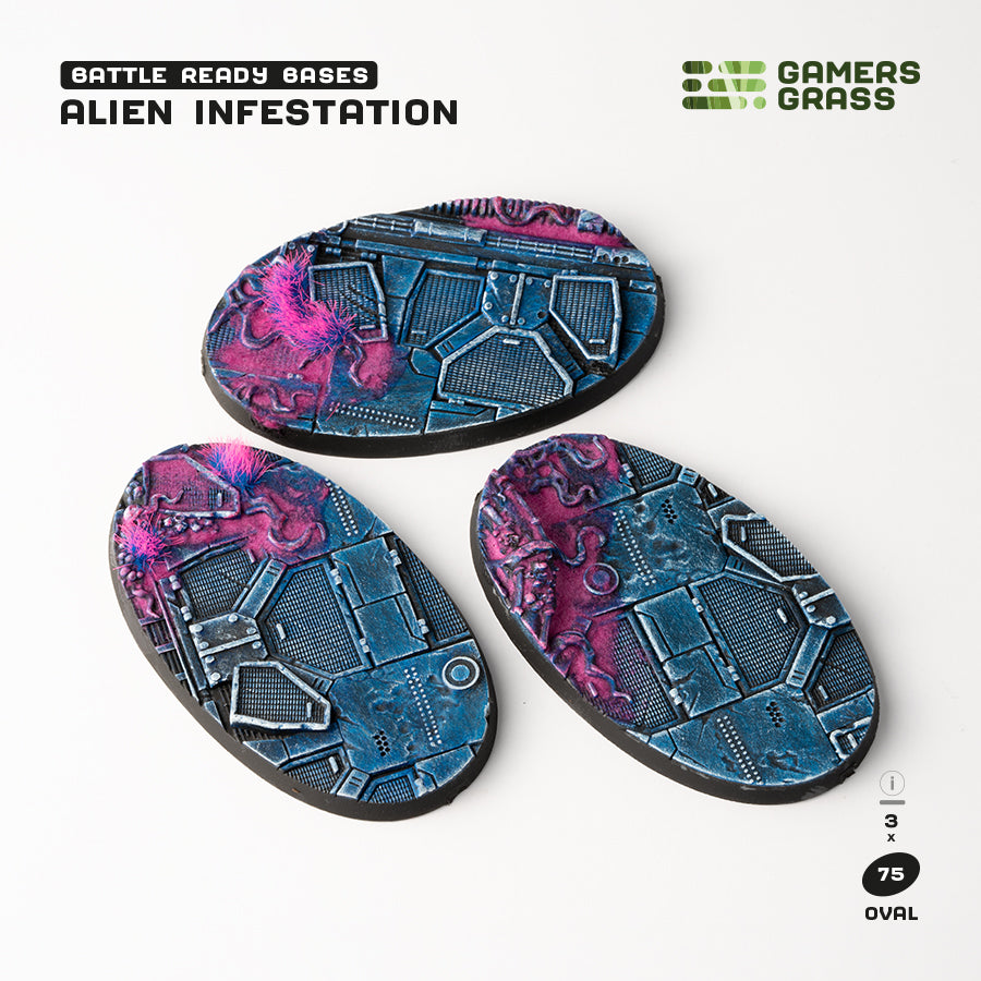 Three painted 75mm Alien Infestation oval bases from above, deck panels and grating under magenta growth