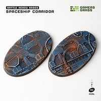 Set of 2 pre-painted 90mm oval Spaceship Corridor bases showing massive engineering deck details

